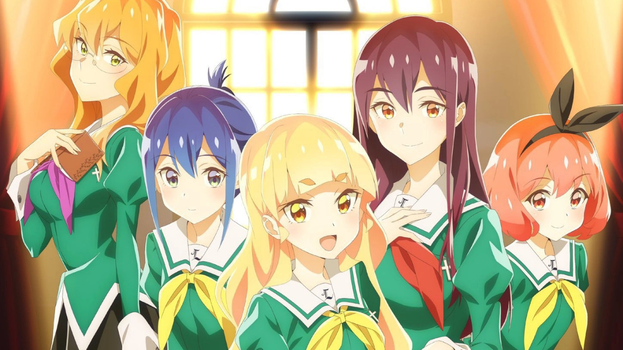 A group of girls stand together, all of them in green schoolgirl uniforms.